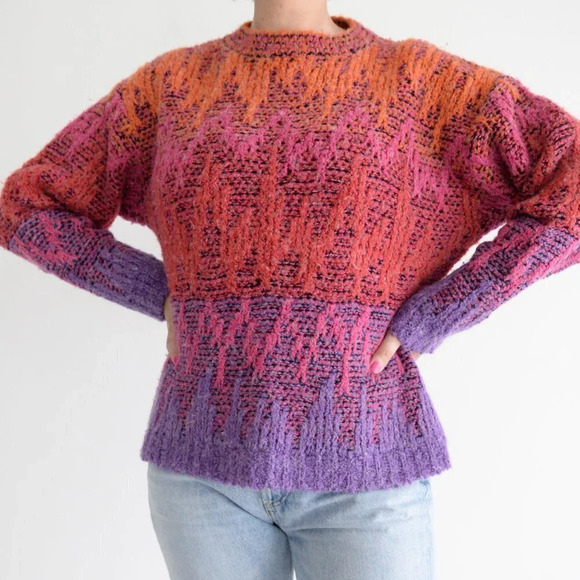 Vintage Haberdasher Purple, Pink, Orange, Red Knit & Yarn  Crewneck Sweater M - Picture 2 of 13